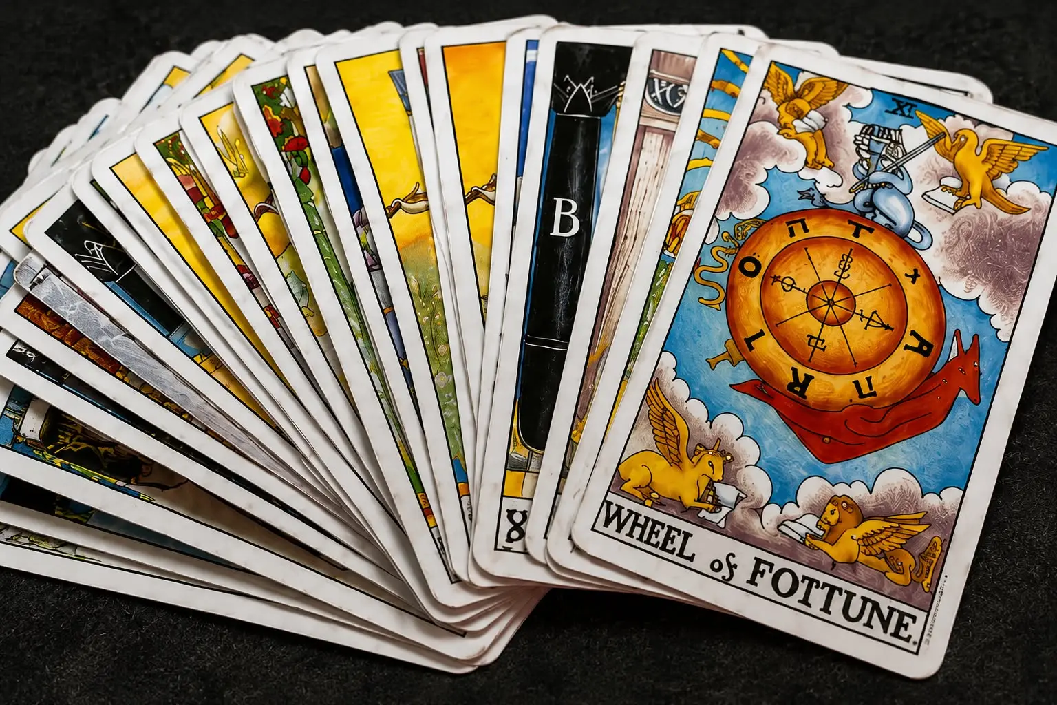 A fanned Rider–Waite tarot deck with the Wheel of Fortune card resting on top.